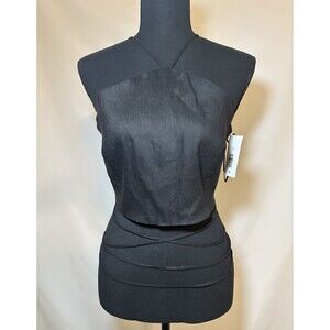ASTR The Label Black Linen Blend Crop Halter Strappy‎ Ties Women's LARGE NWT